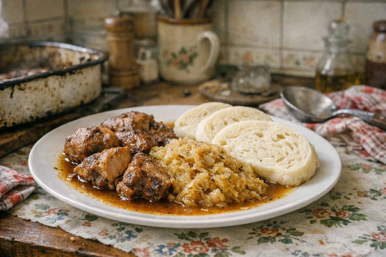Pieczona wieprzowina z duszoną kapustą i knedlami