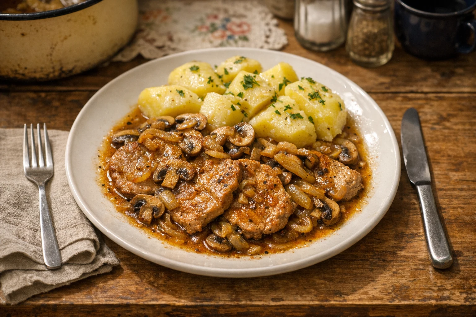 Schab duszony z pieczarkami