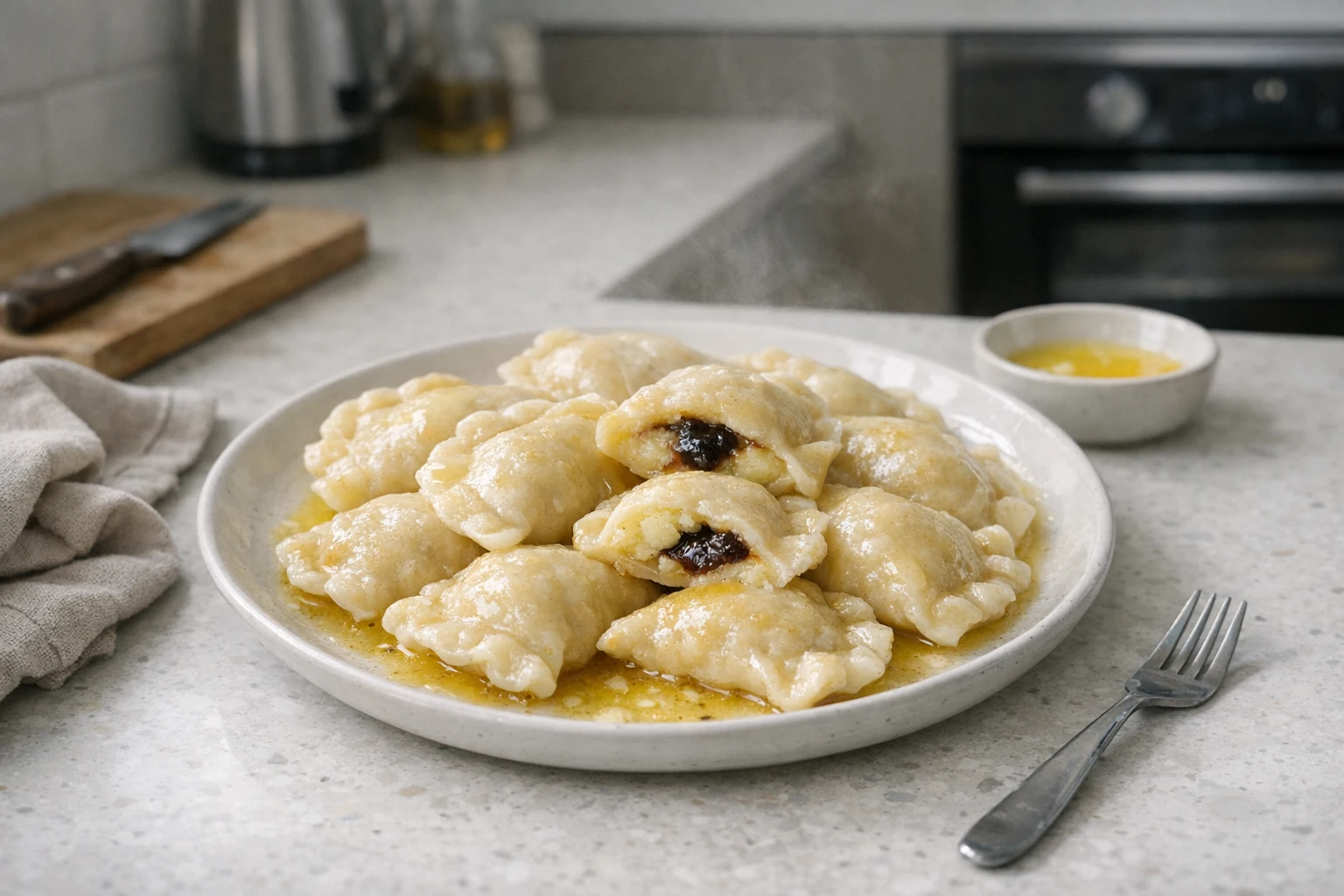 Domowe pierogi z ziemniakami i powidłami śliwkowymi