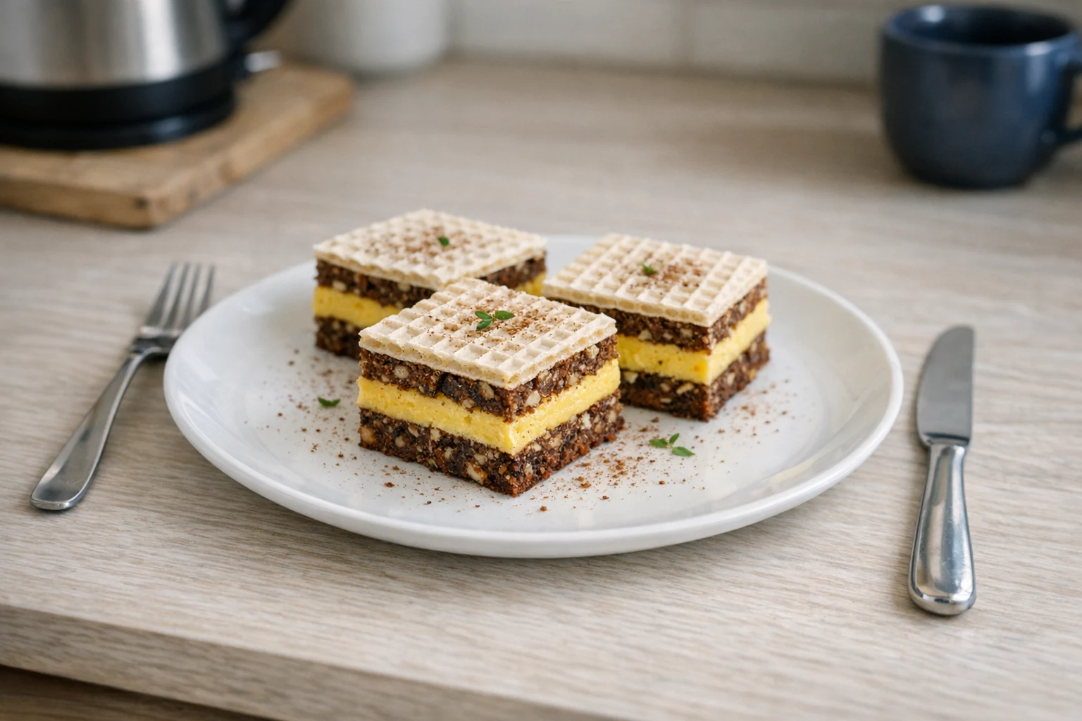 Krajanka czekoladowo-orzechowa z kremem żółtkowym i waflami
