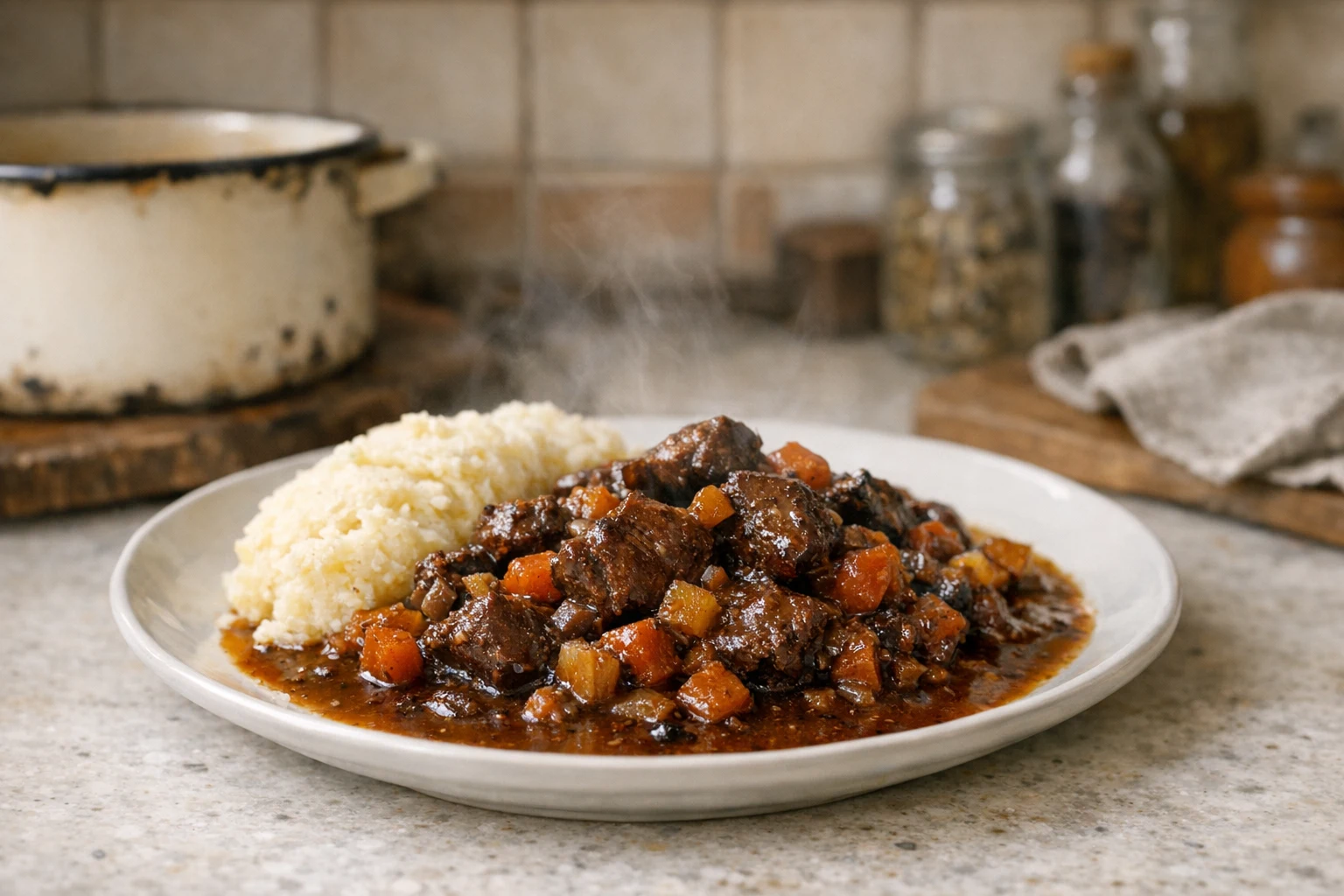 Ragù z dziczyzny w czerwonym winie z warzywami korzeniowymi