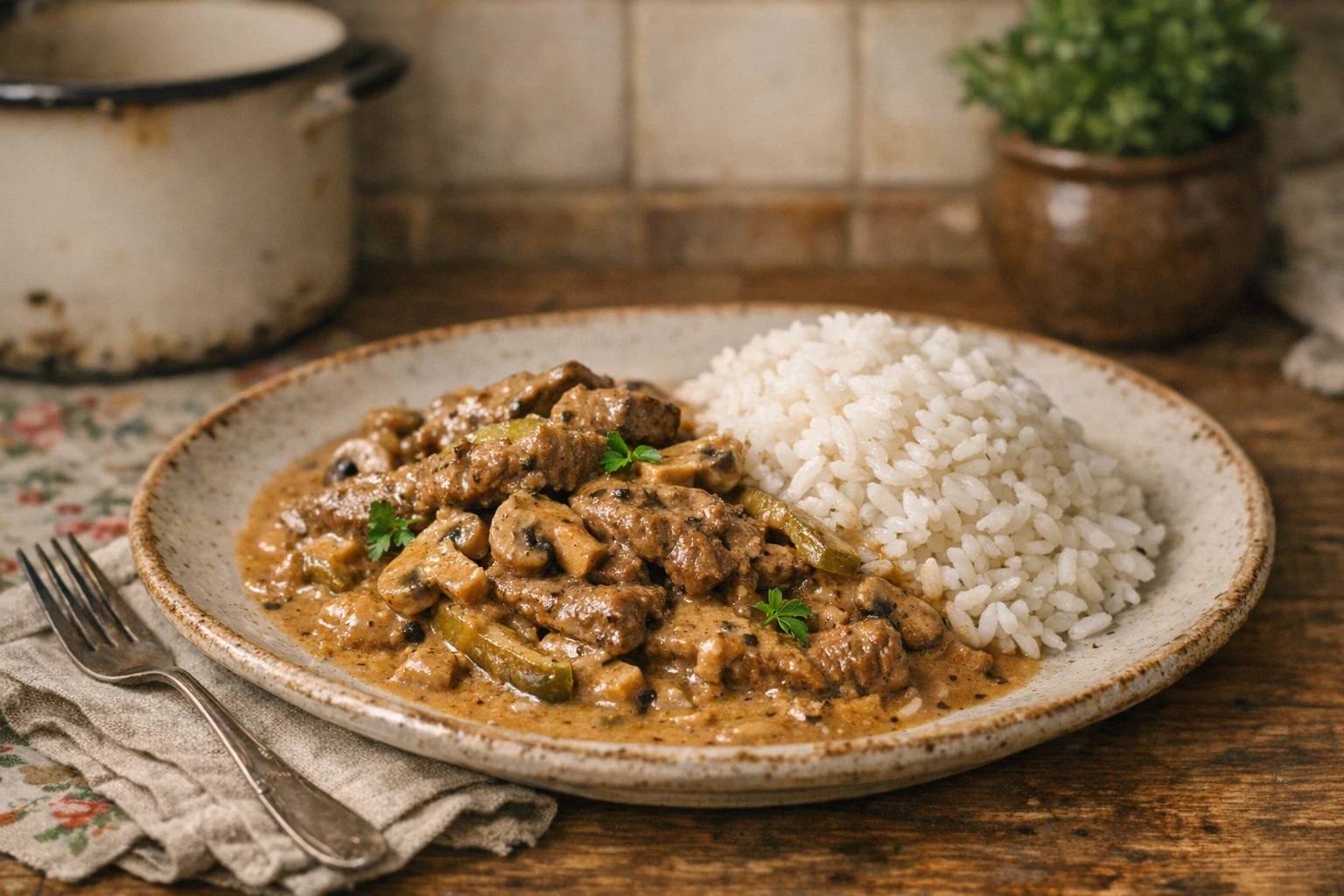 Stroganow wołowy z ryżem